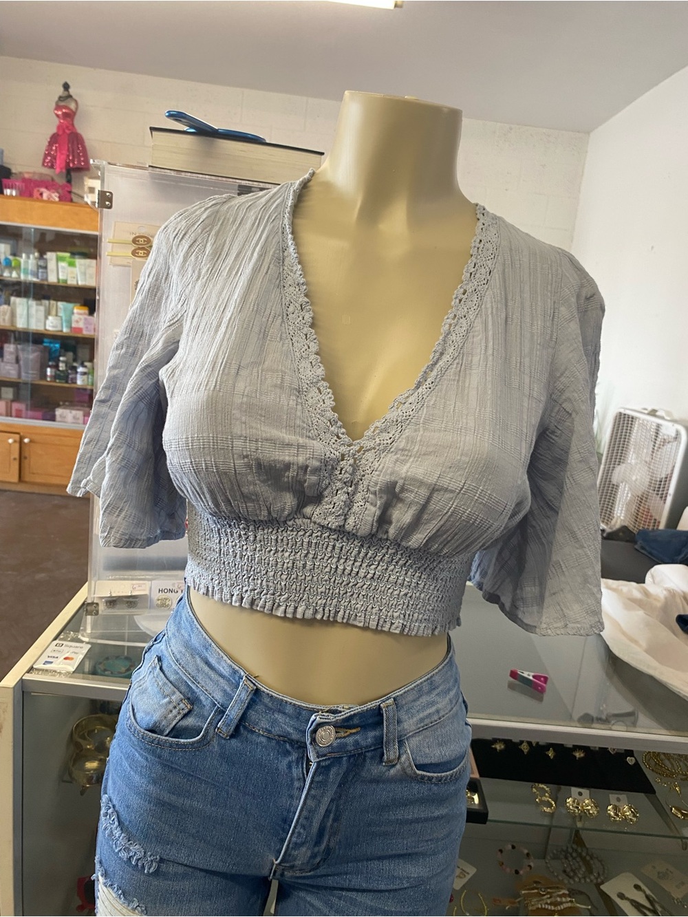 Timing Light Gray Cropped V-Neck Smocked Waist Top